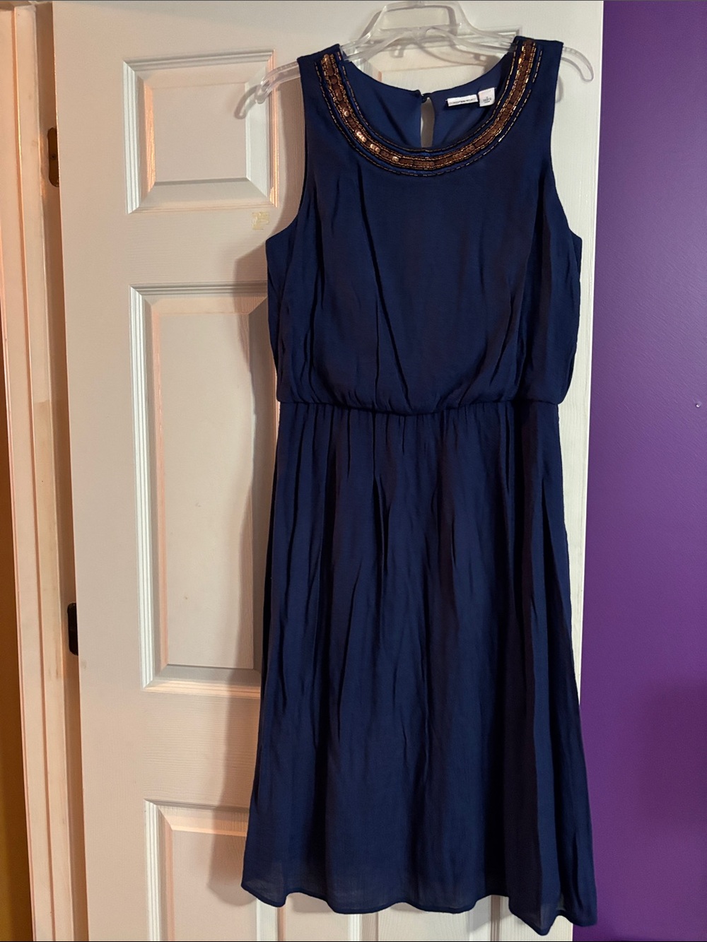 Cato Navy Sleeveless Dress with Beaded Gold Neckline